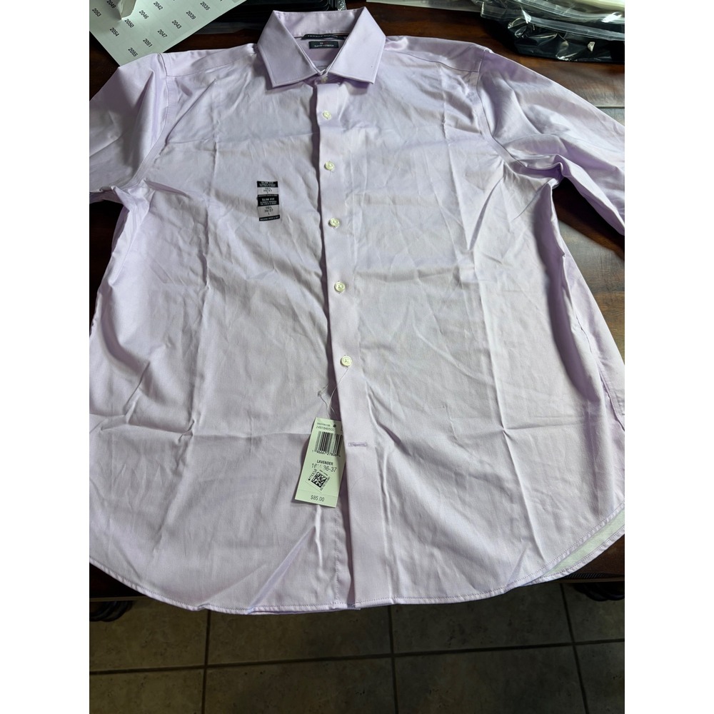 Tommy Hilfiger Mens TH Flex Slim Fit Stretch Dress Shirt Lavender 16.5 36-37 L